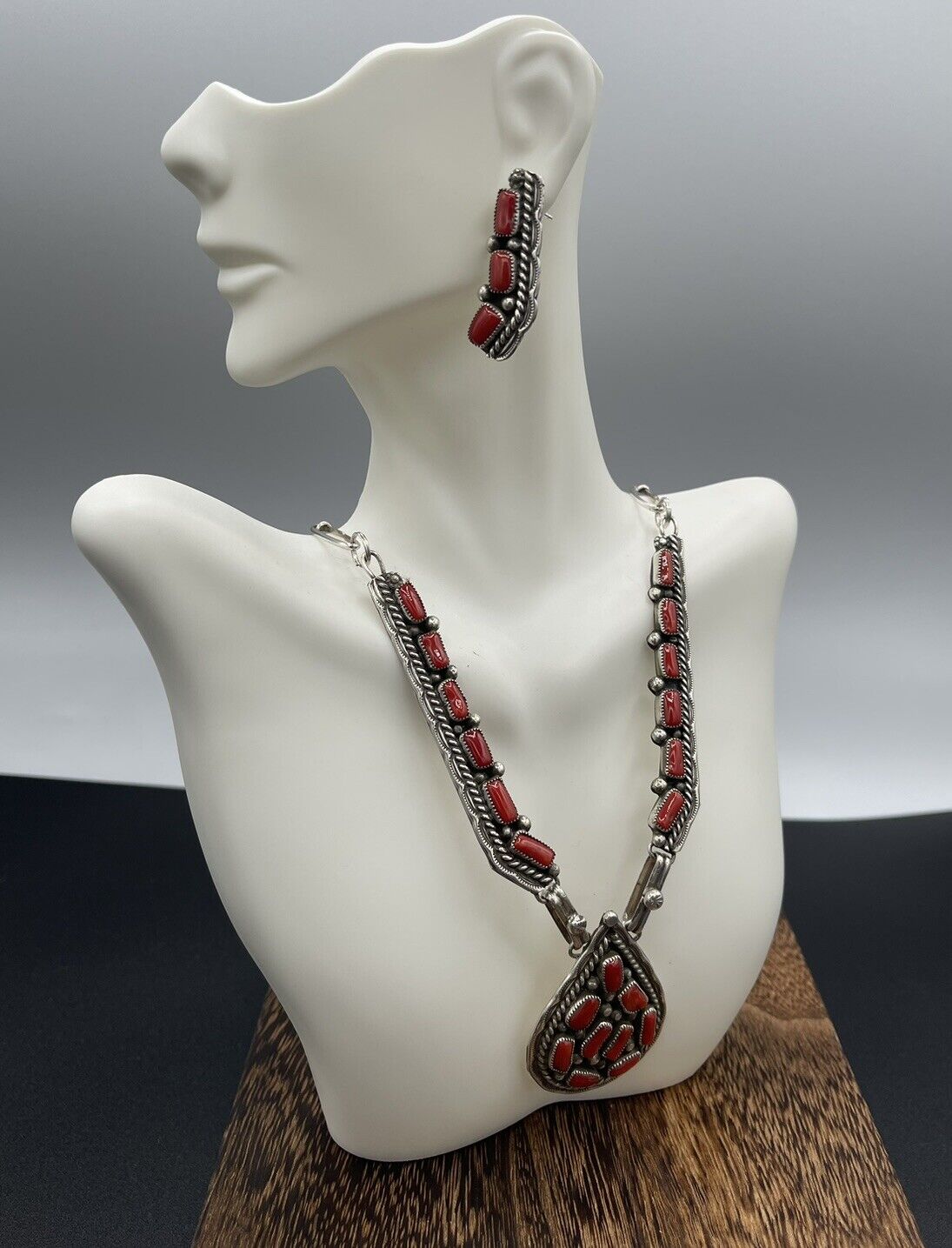 Native American Sterling Silver Navajo Handmade Red Coral Necklace Set