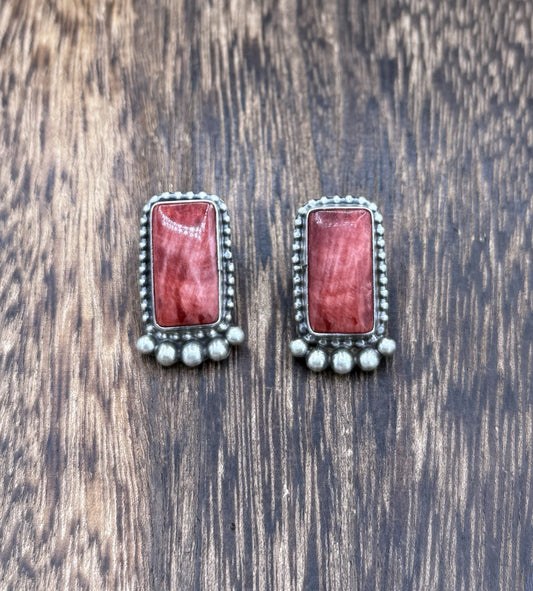 Native Navajo Handmade Sterling Silver Red Spiny Oyster Shell Post Stud Earrings