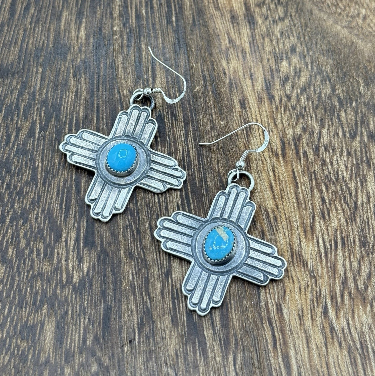 Navajo Handmade Sterling Silver Zia Kingman Turquoise Earrings Kevin Billah