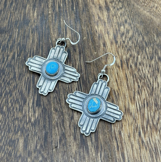 Navajo Handmade Sterling Silver Zia Kingman Turquoise Earrings Kevin Billah