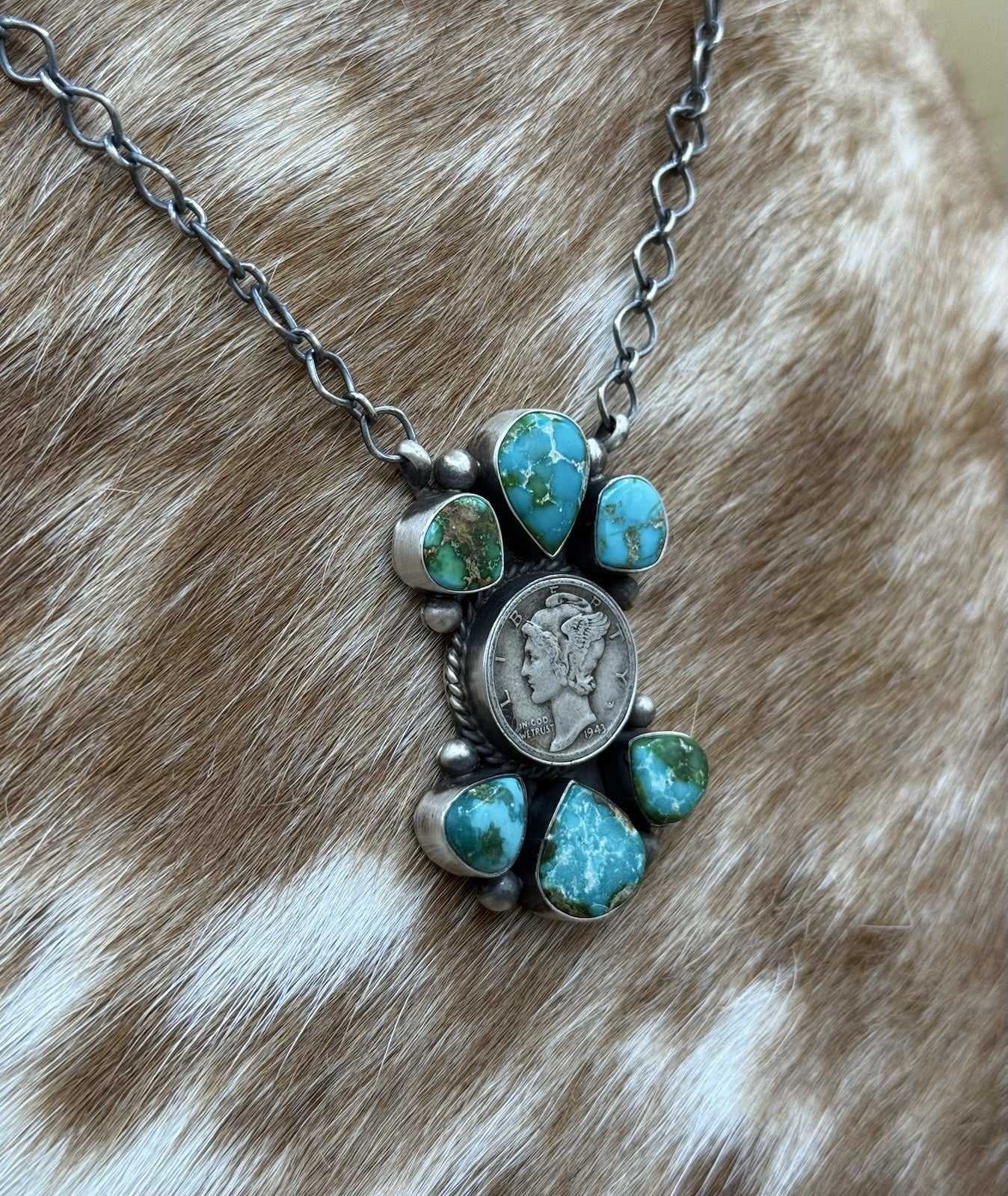 Navajo Handmade Silver Sonoran Gold Turquoise Liberty Coin Cluster Necklace 18”