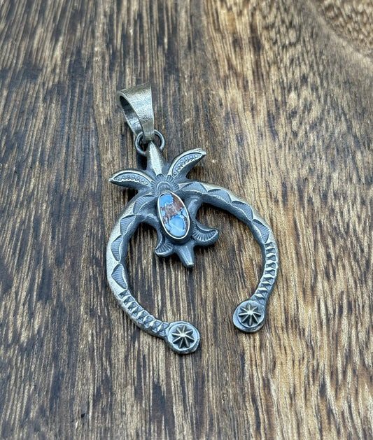 Navajo Handmade Sterling Silver Old Look Golden Hills Turquoise Naja Pendant