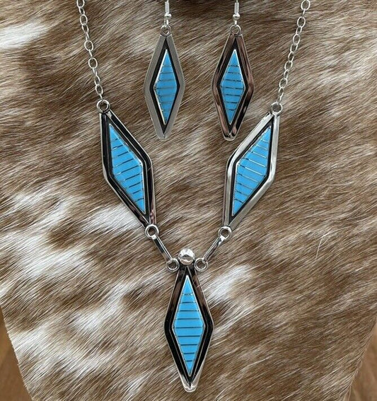 Native American Zuni handmade Sterling Silver Turquoise Inlay  Necklace Set 18”