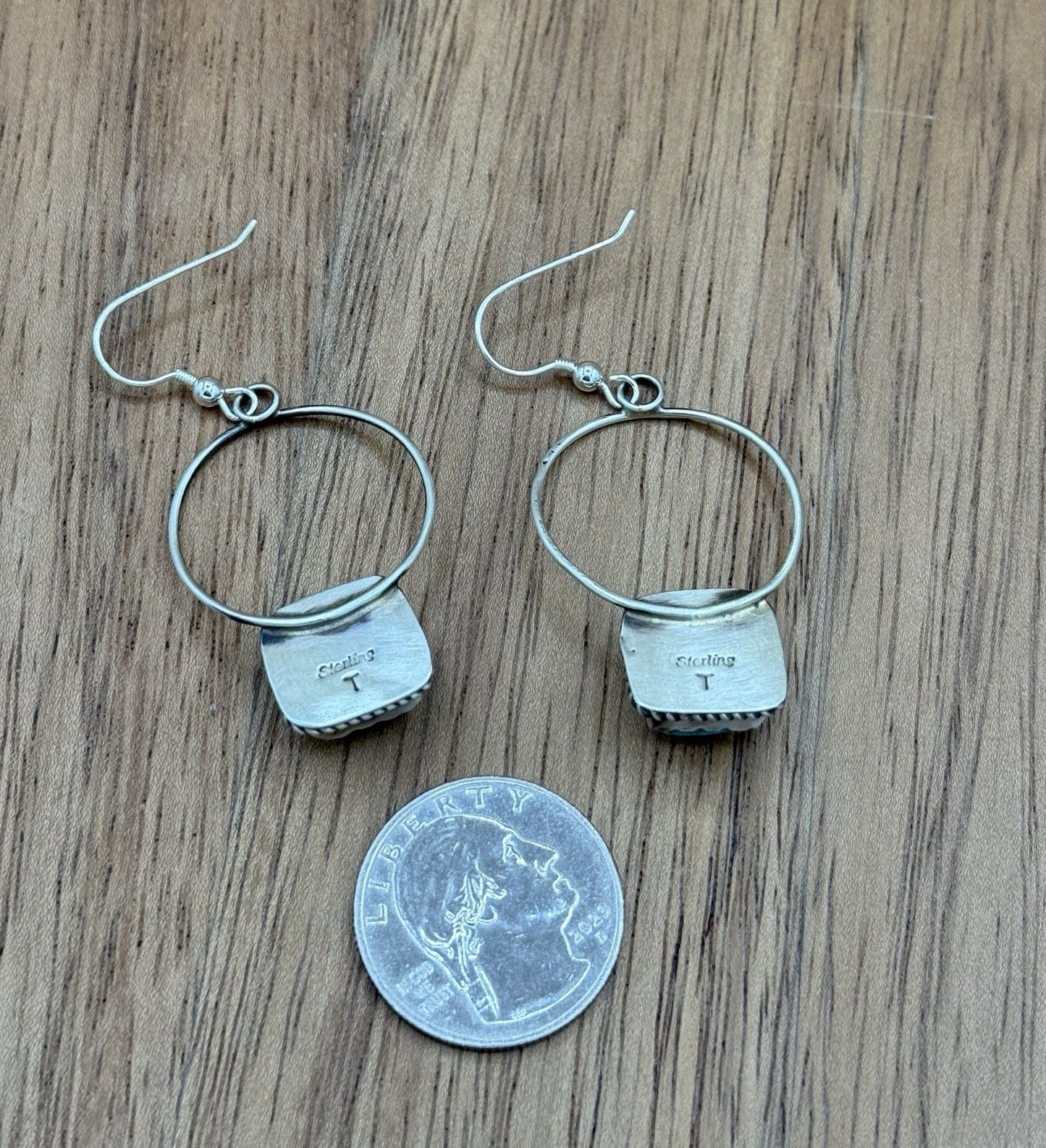 Navajo Handmade Sterling Silver Kingman Turquoise Hoop Dangle Drop Earrings