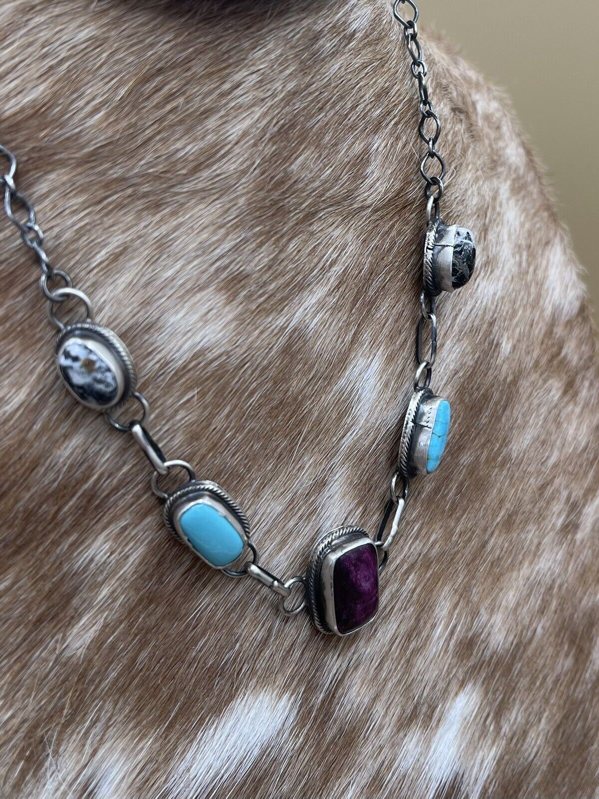 Native American Navajo Handmade Silver Spiny Oyster Turquoise Choker Necklace 16