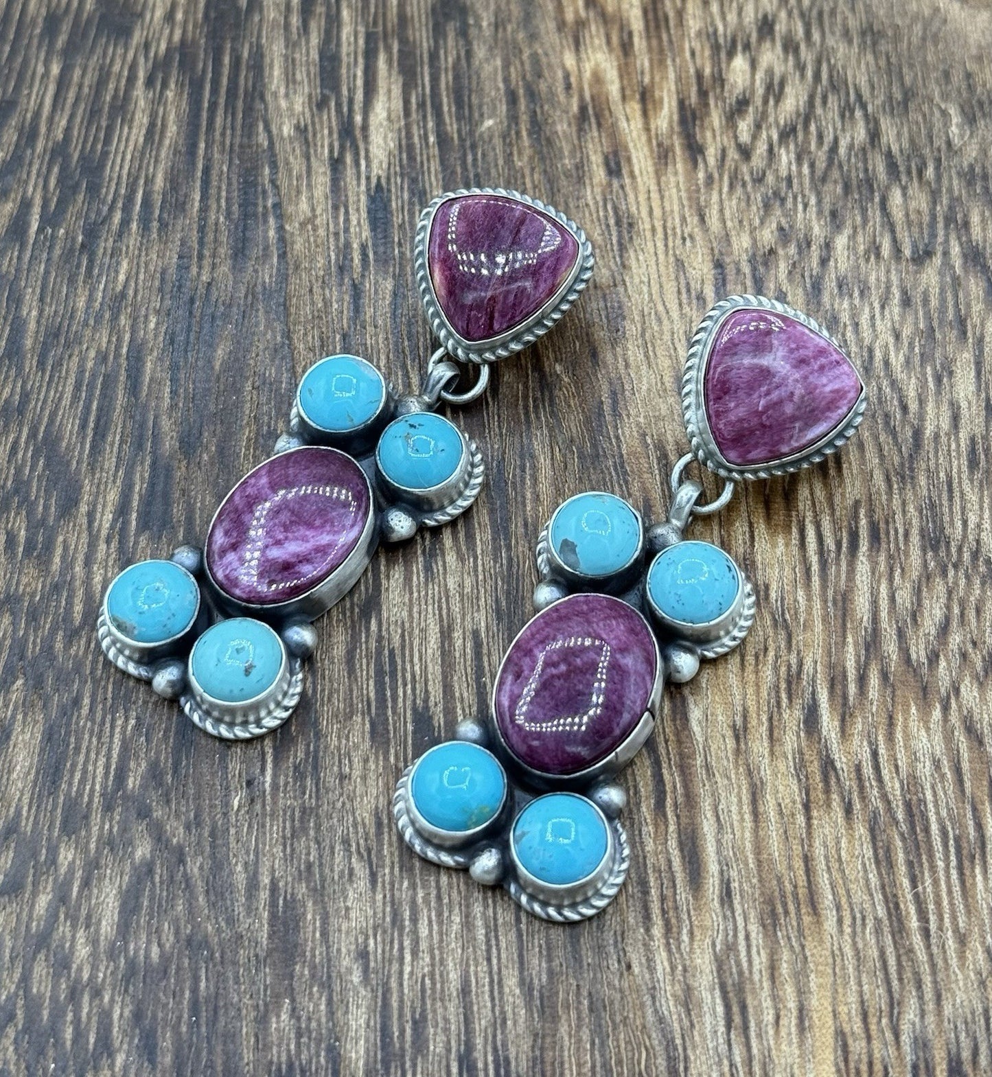 Navajo Handmade Sterling Silver Turquoise & Spiny Oyster Post Dangle Earrings