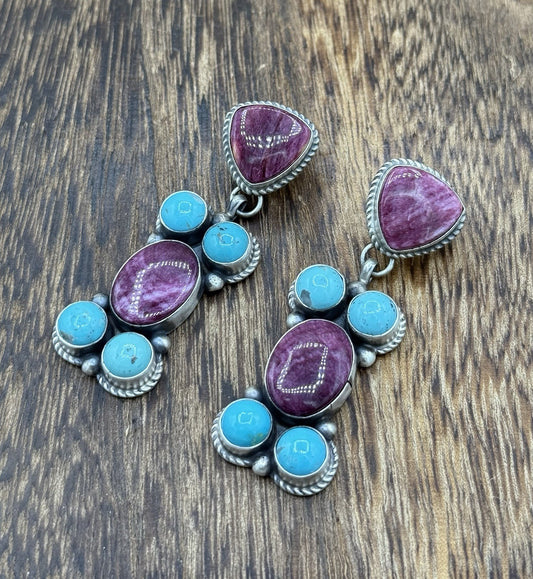 Navajo Handmade Sterling Silver Turquoise & Spiny Oyster Post Dangle Earrings