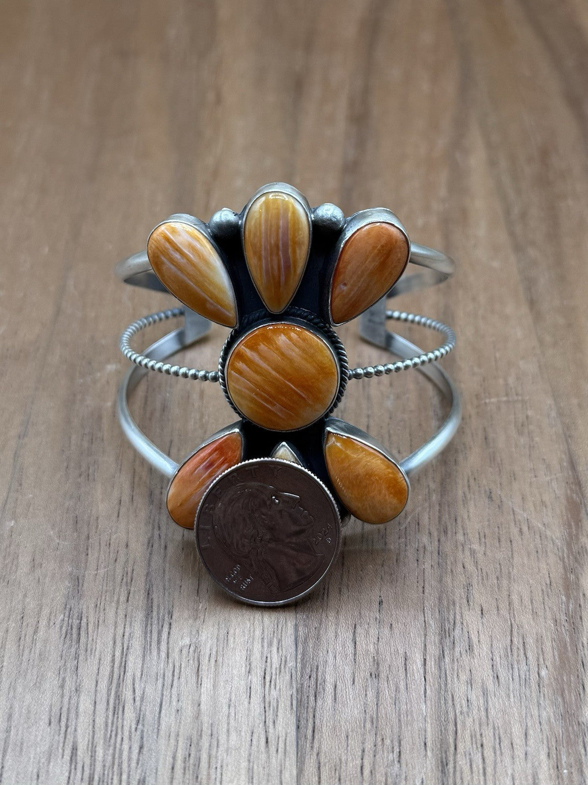 Navajo Handmade Sterling Silver Orange Spiny Oyster Cluster Cuff Bracelet