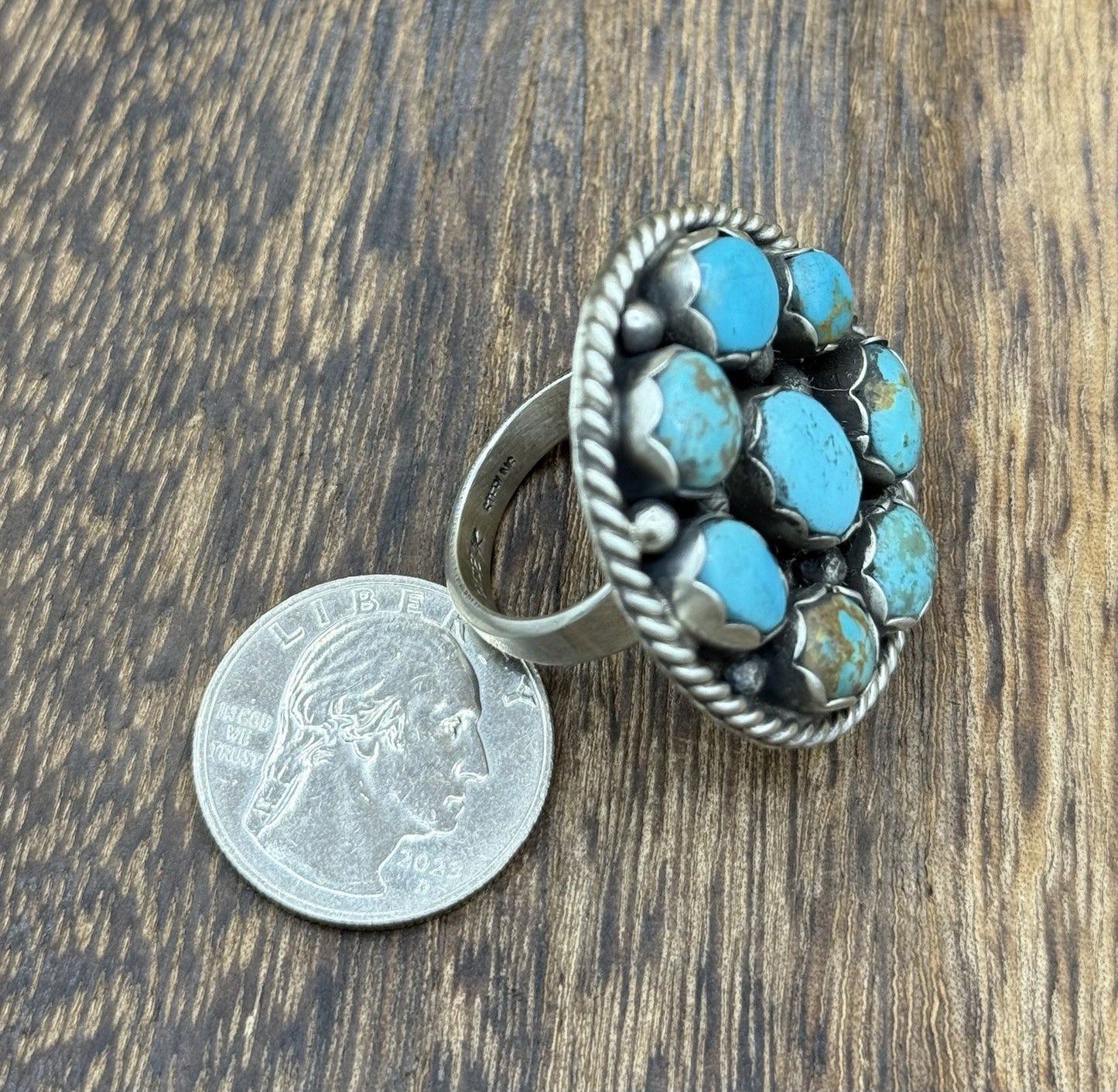 Navajo Handmade Sterling Silver Kingman Turquoise Adjustable Ring Size 7 To 9