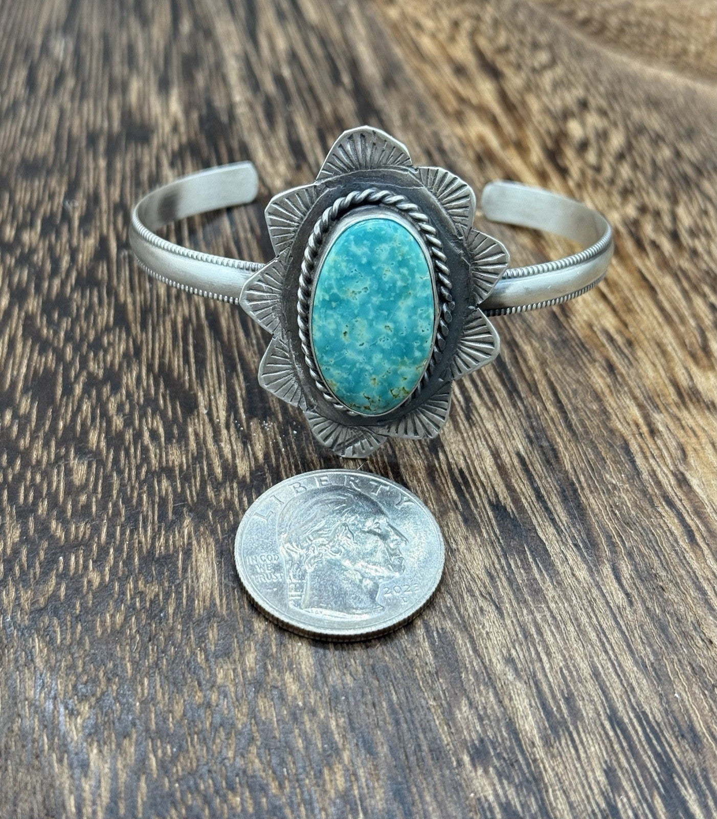 Native Navajo Handmade Sterling Silver Kingman Turquoise Cuff Stamped Bracelet