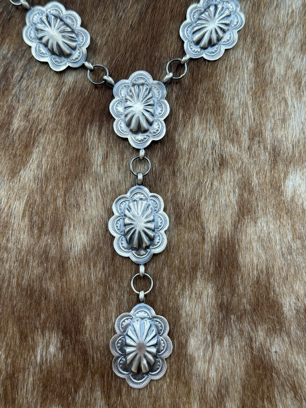 Navajo Handmade Sterling Silver Stamped Concho Old Look Lariat Necklace Set 24”