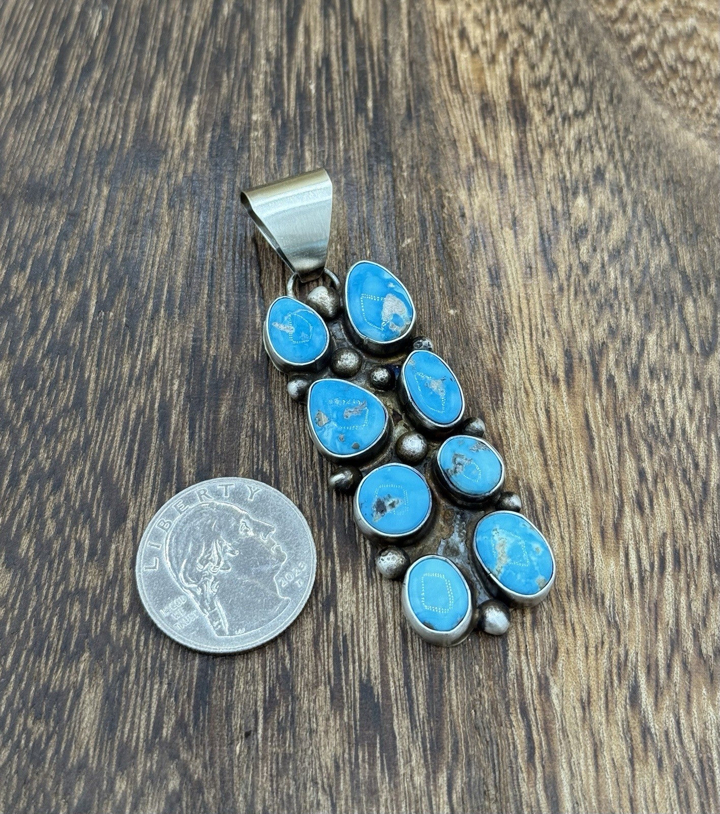 Native Navajo Handmade Sterling Silver Blue Ridge Turquoise Cluster Drop Pendant