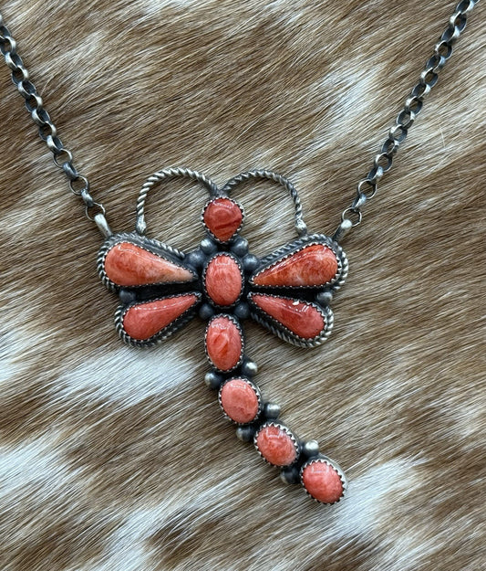 Navajo Handmade Sterling Silver Red Spiny Oyster Dragonfly Bar Necklace 18”