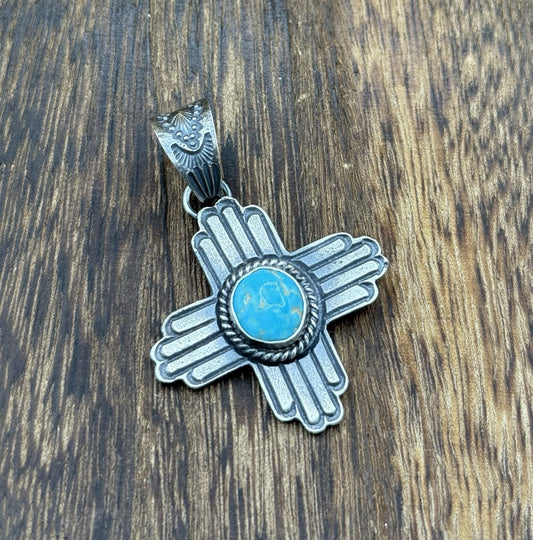 Navajo Handmade Sterling Silver Old Look Kingman Turquoise Zia Pendant Kevin B.