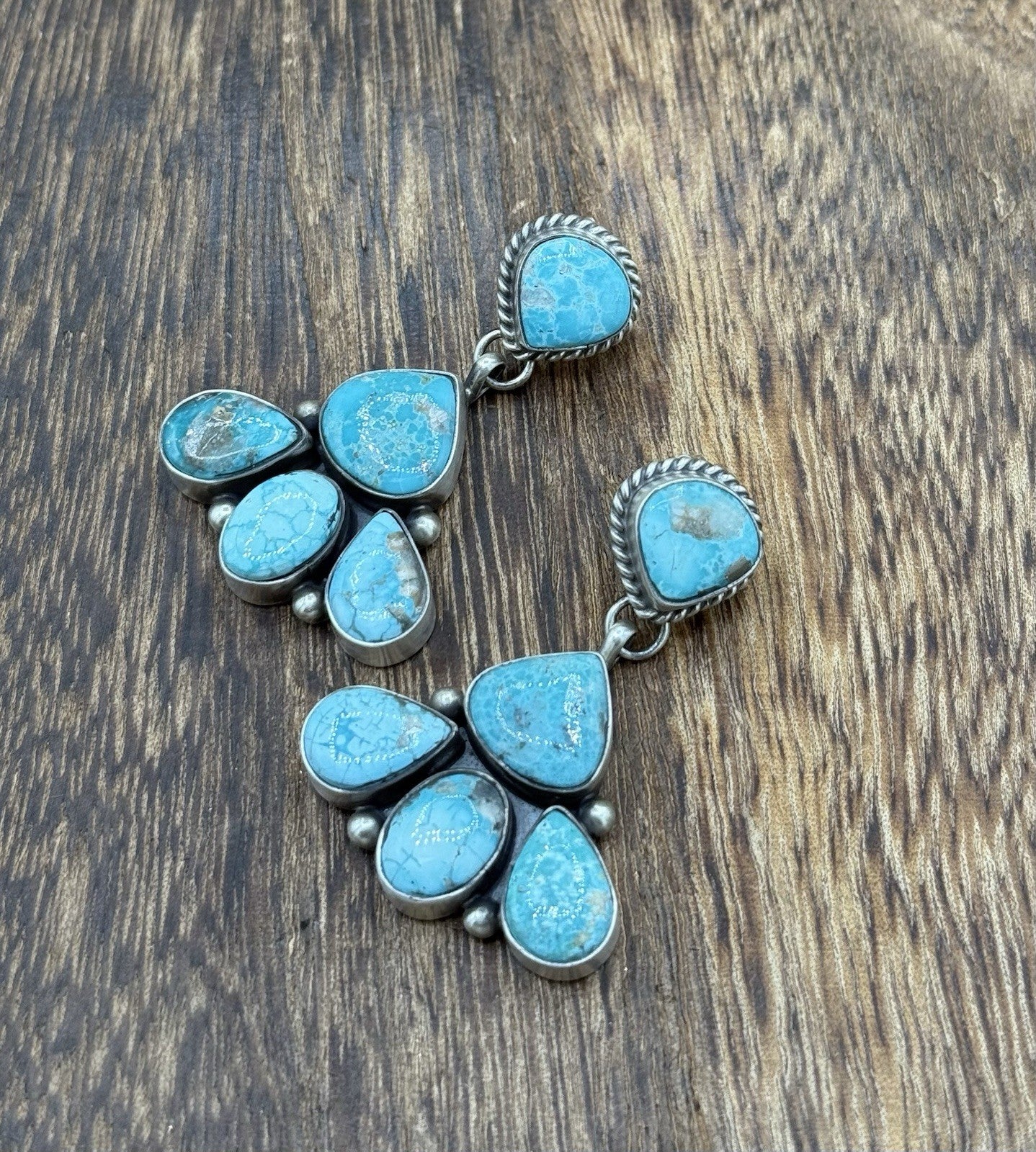 Navajo Handmade Sterling Silver Blue Bird Turquoise Cluster Post Dangle Earrings