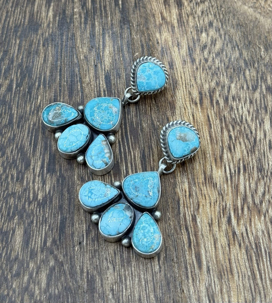 Navajo Handmade Sterling Silver Blue Bird Turquoise Cluster Post Dangle Earrings