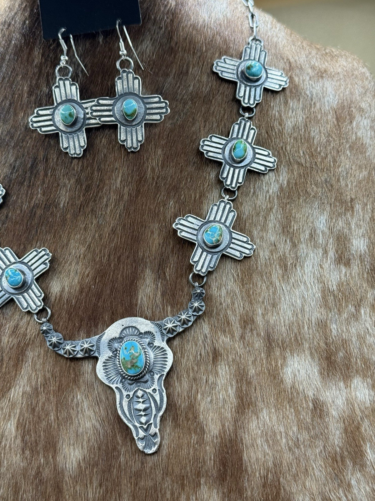 Navajo Handmade Sterling Silver Sonoran Gold Turquoise Longhorn Zia Necklace Set