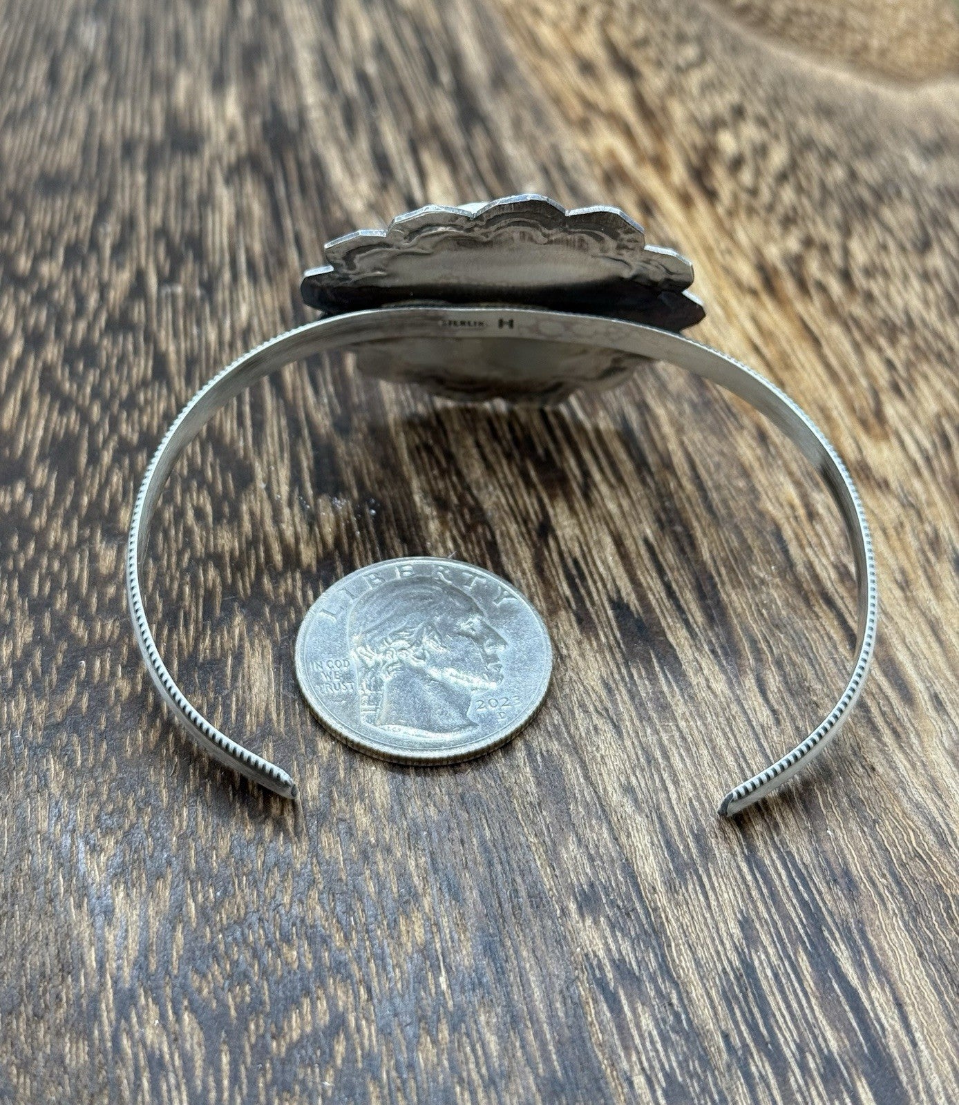 Native Navajo Handmade Sterling Silver Kingman Turquoise Cuff Stamped Bracelet