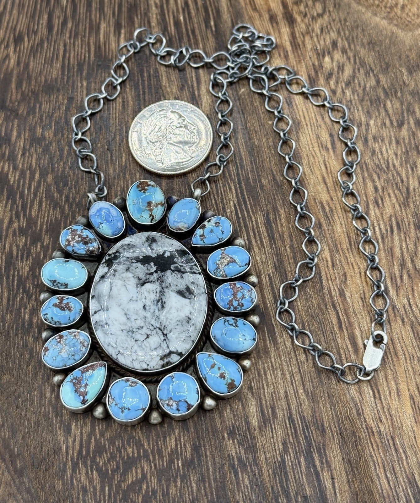 Navajo Handmade Silver Golden Hills Turquoise & White Buffalo Cluster Necklace