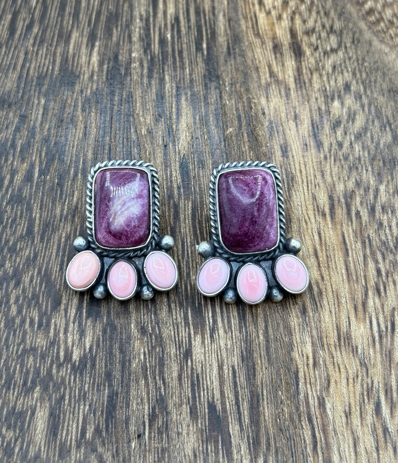 Navajo Handmade Sterling Silver Multi Color Spiny Pink Shell Cluster Earrings