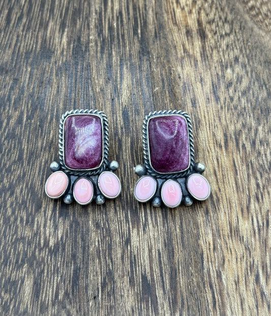 Navajo Handmade Sterling Silver Multi Color Spiny Pink Shell Cluster Earrings