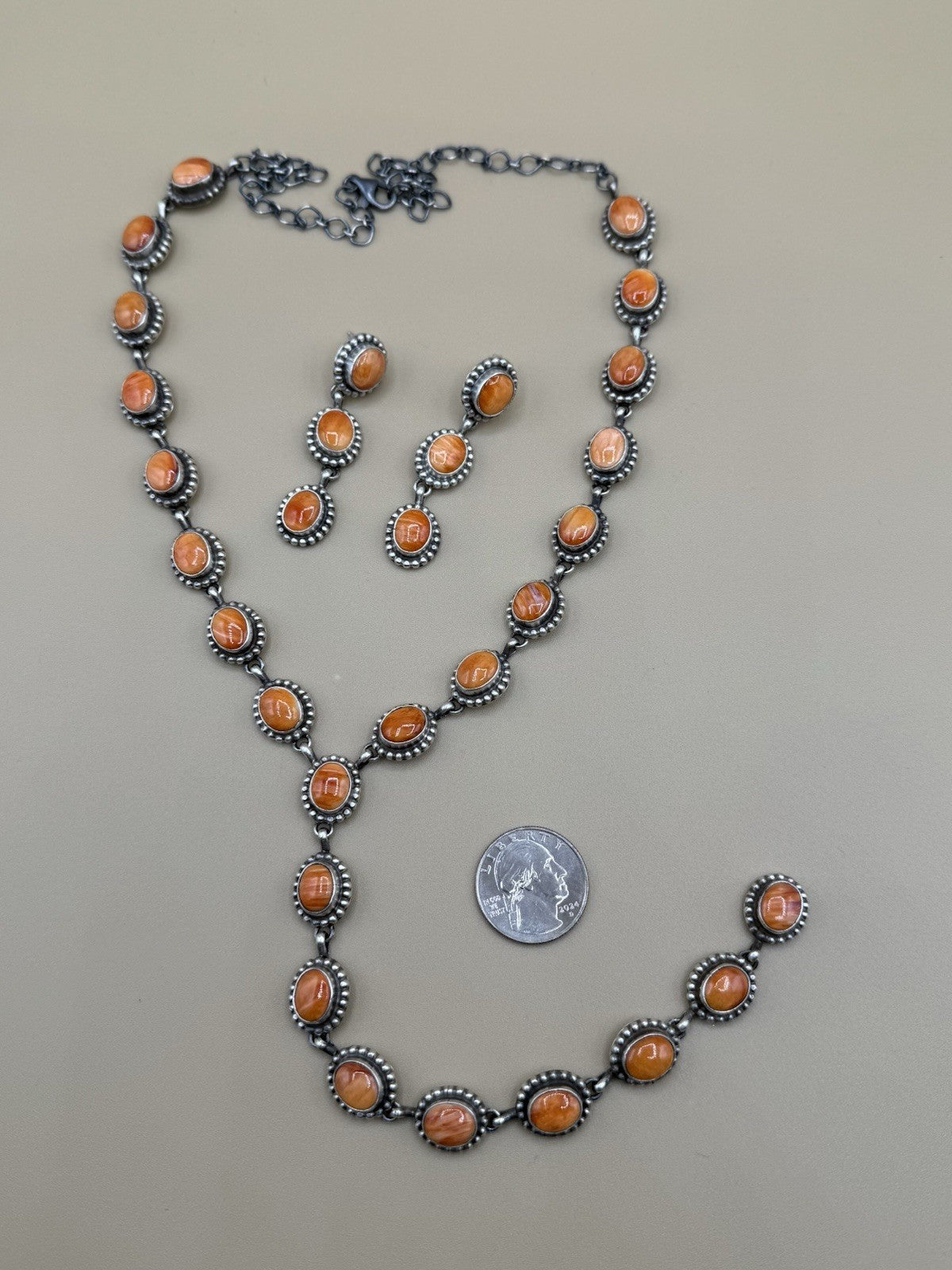 Navajo Handmade Sterling Silver Orange Spiny Oyster Lariat Dangle Necklace Long