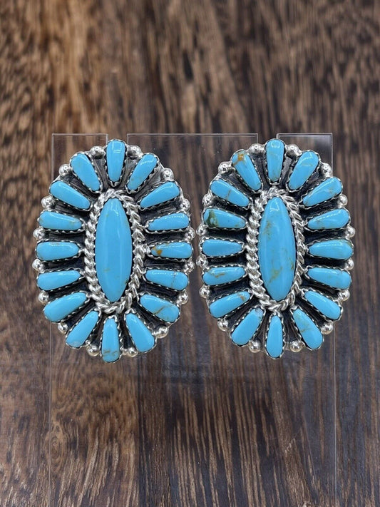 Native American Navajo Handmade Sterling Silver Turquoise Cluster Stud Earrings