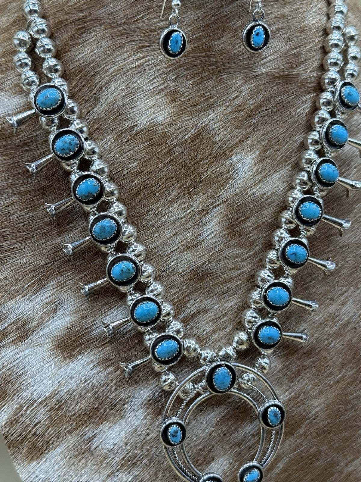 Native American Navajo Handmade Silver Kingman Turquoise Squash Blossom Set 18”