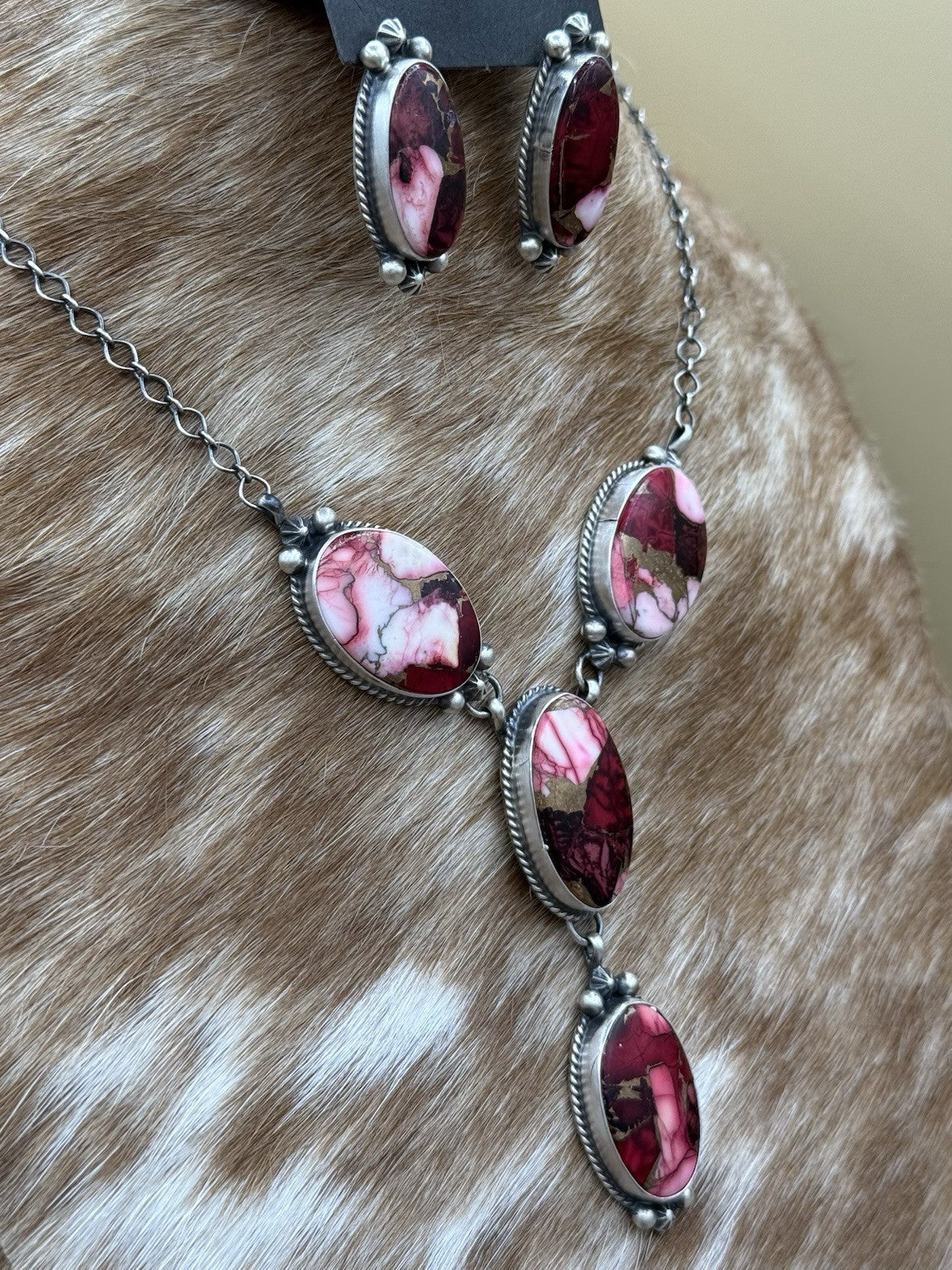 Navajo Handmade Sterling Silver Dahlia Rose Lariat Necklace Set 18”