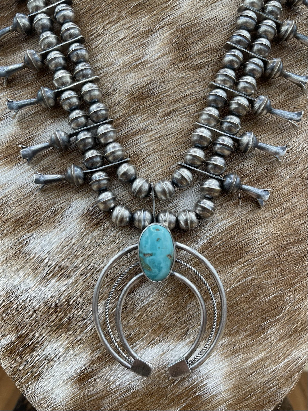 Native American Navajo Handmade Silver Kingman Turquoise Squash Blossom Set 18”