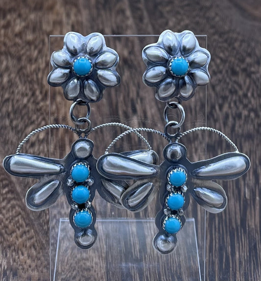 Navajo Handmade Sterling Silver Kingman Turquoise Dragonfly Post Dangle Earrings