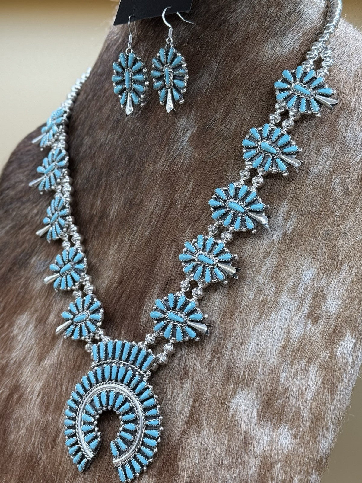 Navajo Handmade Sterling Silver Turquoise Squash Blossom Necklace 22” Mathilda B
