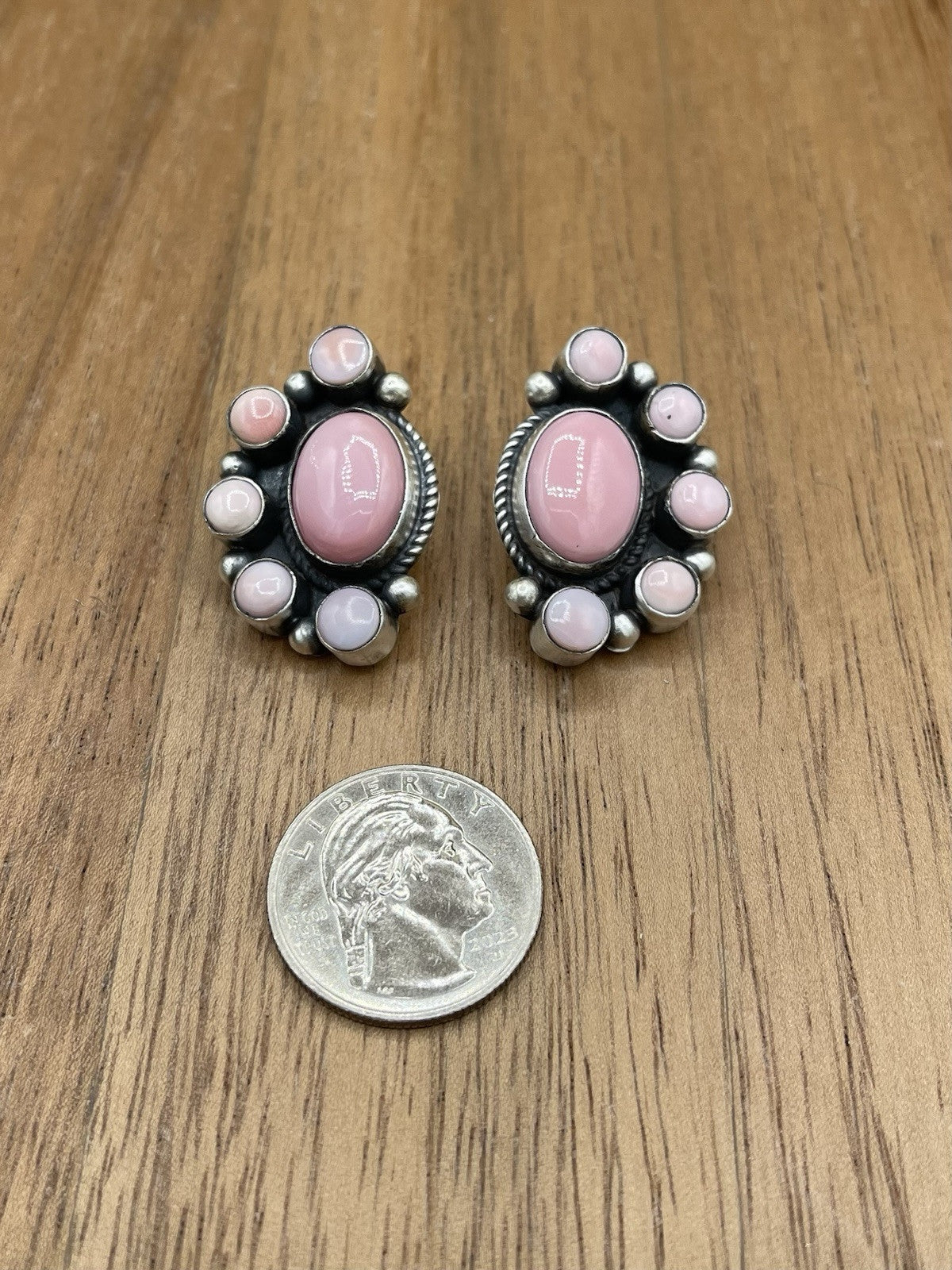 Navajo Handmade Sterling Silver Pink Conch Half Cluster Earrings By Tricia Smith