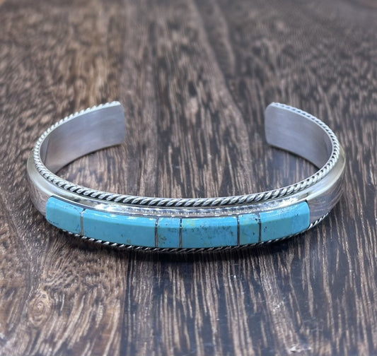 Navajo Handmade Sterling Silver Kingman Turquoise Inlay Bracelet Francis Yazzie