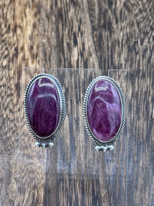 Navajo Handmade Sterling Silver Purple Spiny Oyster Post Earrings By Byron Begay