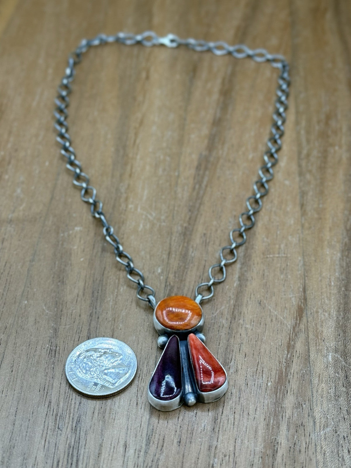 Navajo Handmade Sterling Silver Spiny Oyster Cluster Bar Necklace 18” Tricia S.