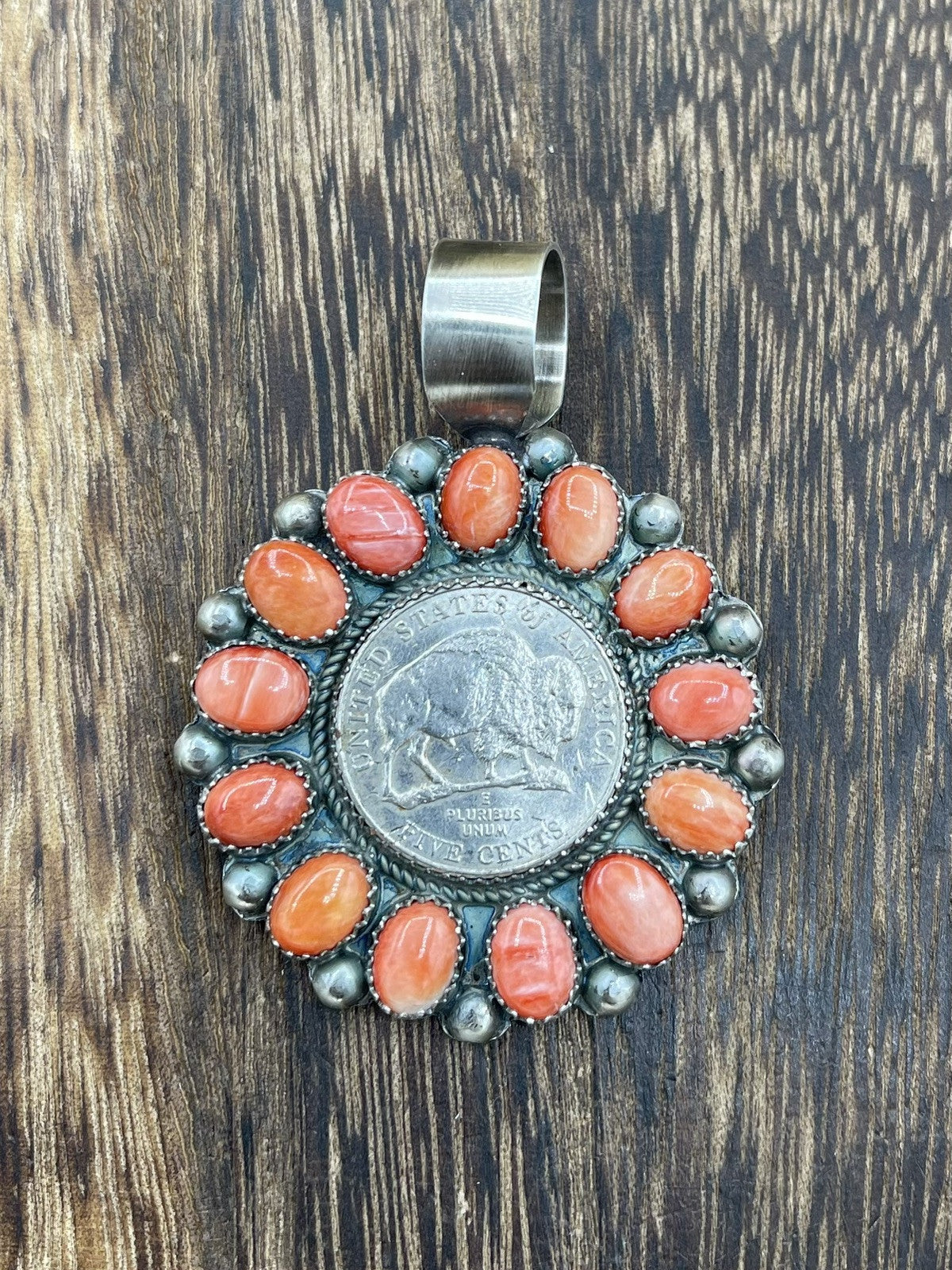 Navajo Handmade Sterling Silver Orange Spiny Oyster Cluster Buffalo Coin Pendant