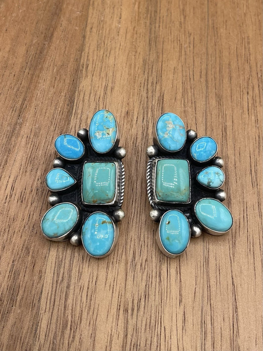 Navajo Handmade Sterling Silver Kingman Turquoise Half Cluster Earrings Tricia S