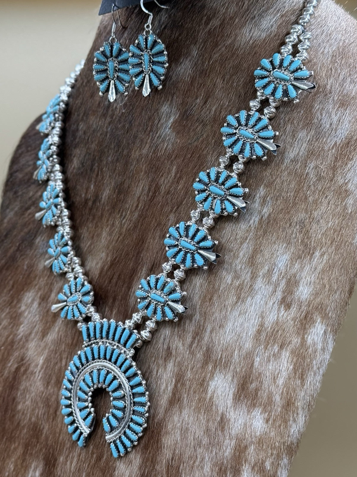 Navajo Handmade Sterling Silver Turquoise Squash Blossom Necklace 22” Mathilda B
