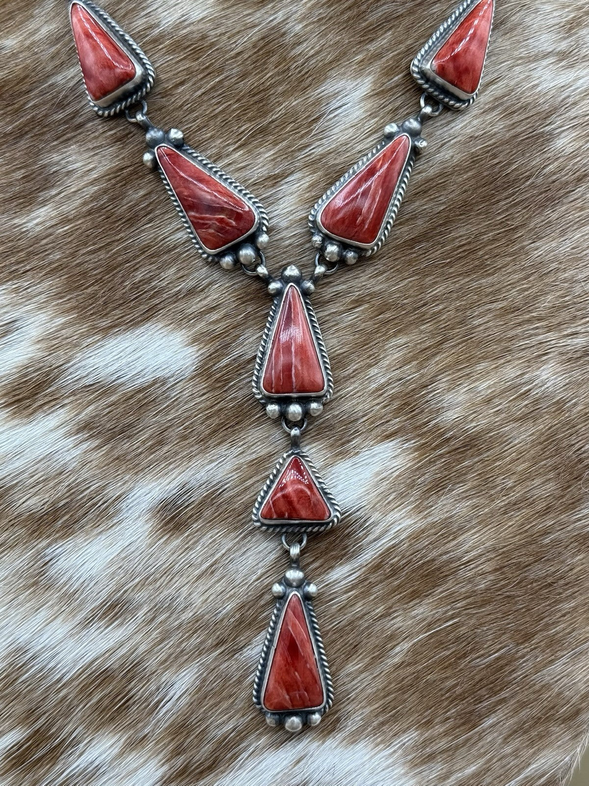 Navajo Handmade Sterling Silver Red Spiny Oyster Shell Lariat Necklace Set 20”