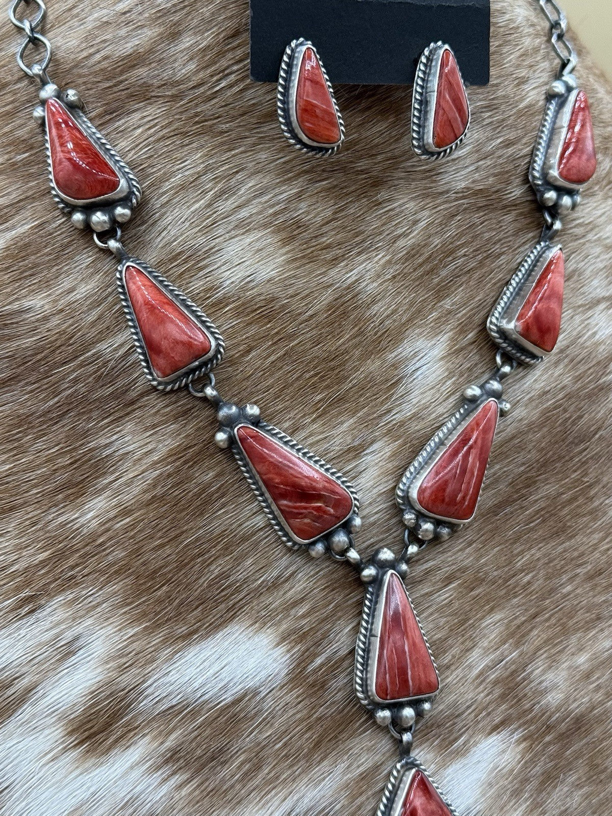 Navajo Handmade Sterling Silver Red Spiny Oyster Shell Lariat Necklace Set 20”