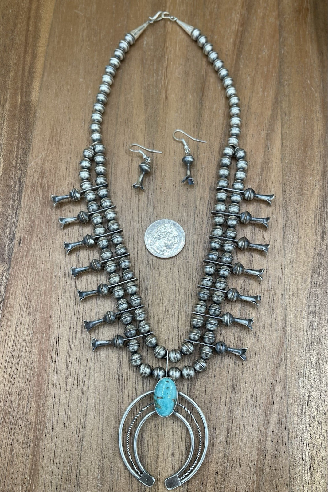 Native American Navajo Handmade Silver Kingman Turquoise Squash Blossom Set 18”