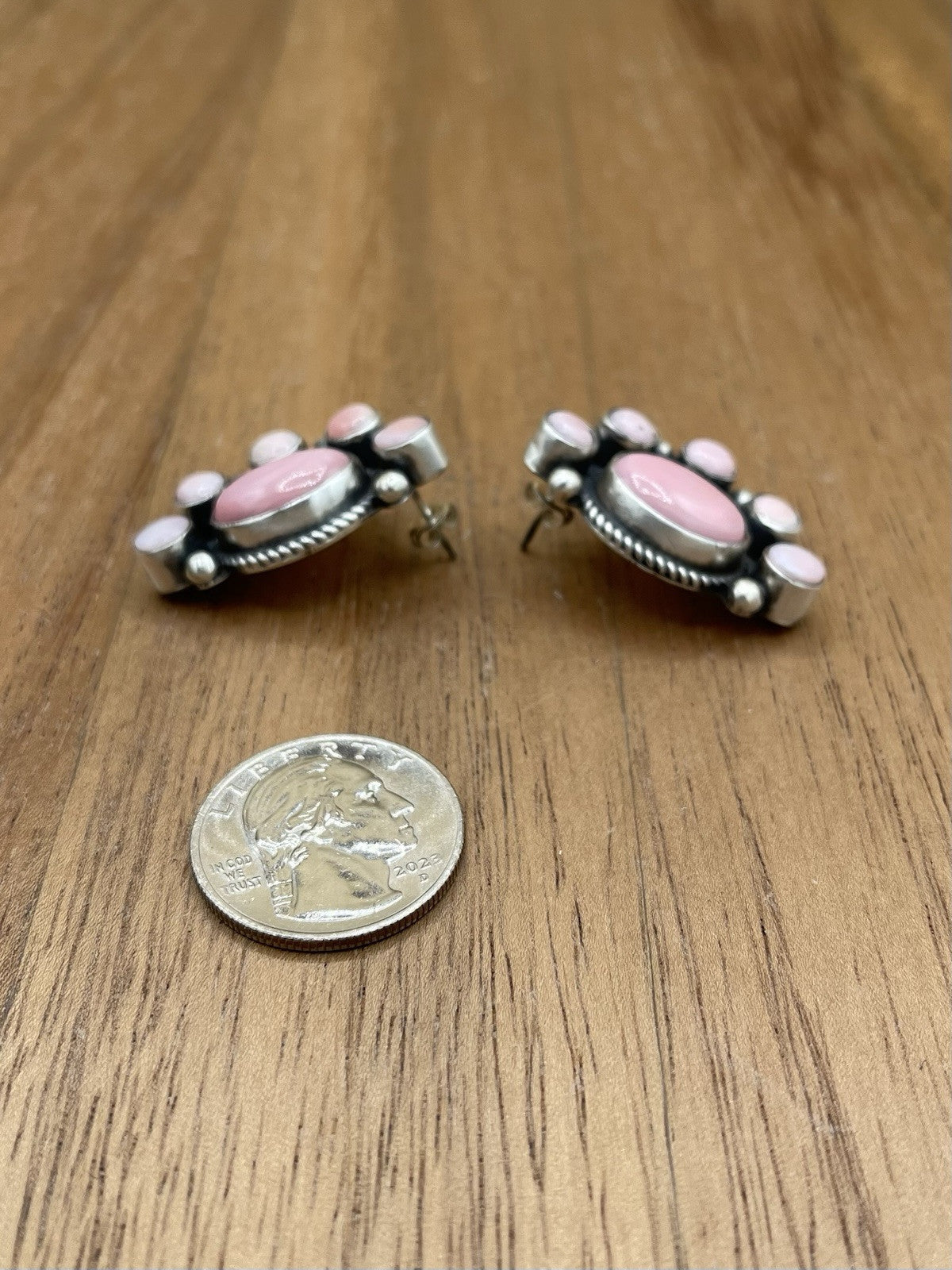 Navajo Handmade Sterling Silver Pink Conch Half Cluster Earrings By Tricia Smith