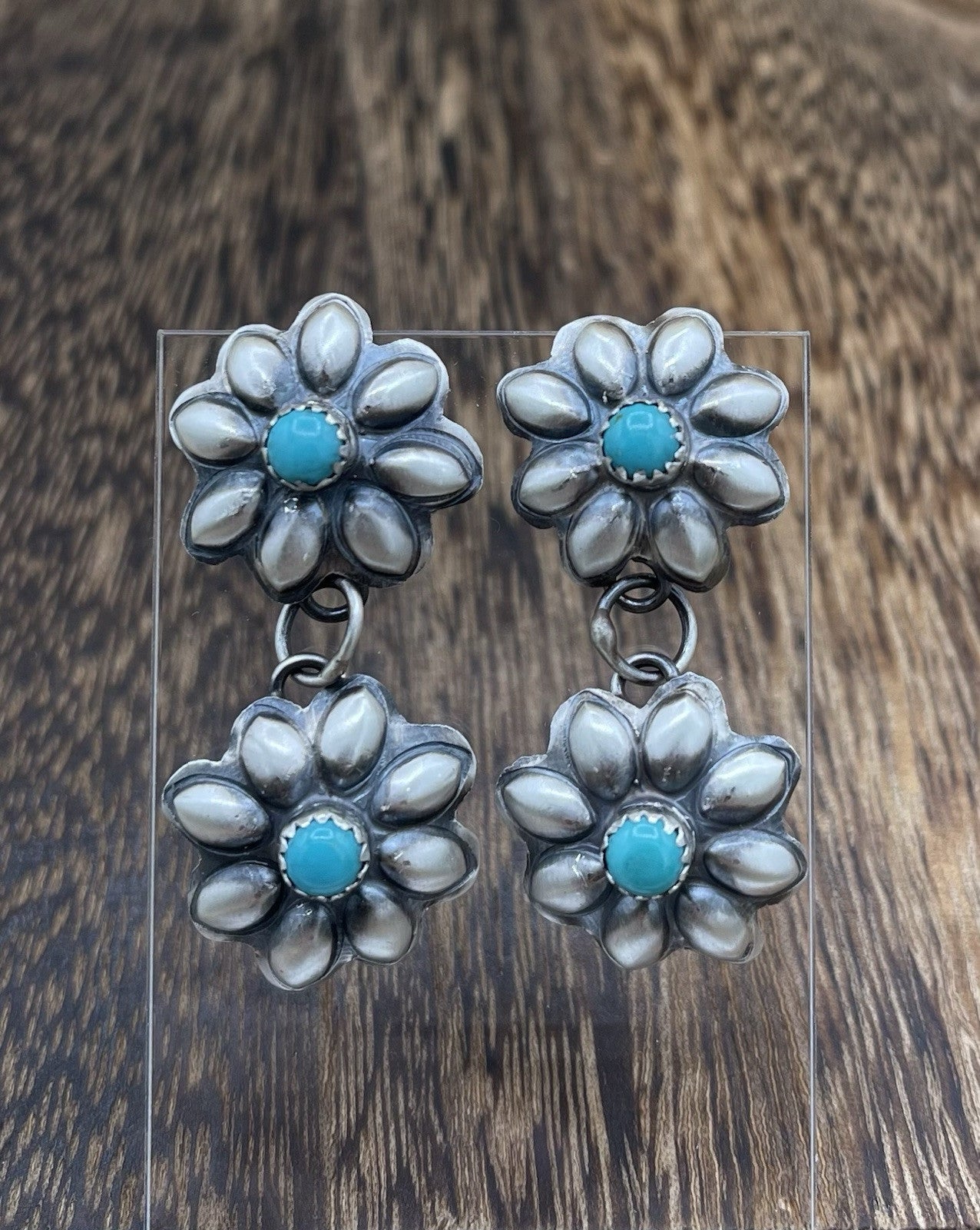 Navajo Handmade Sterling Silver Kingman Turquoise Old Look Concho Earrings G.T.Y