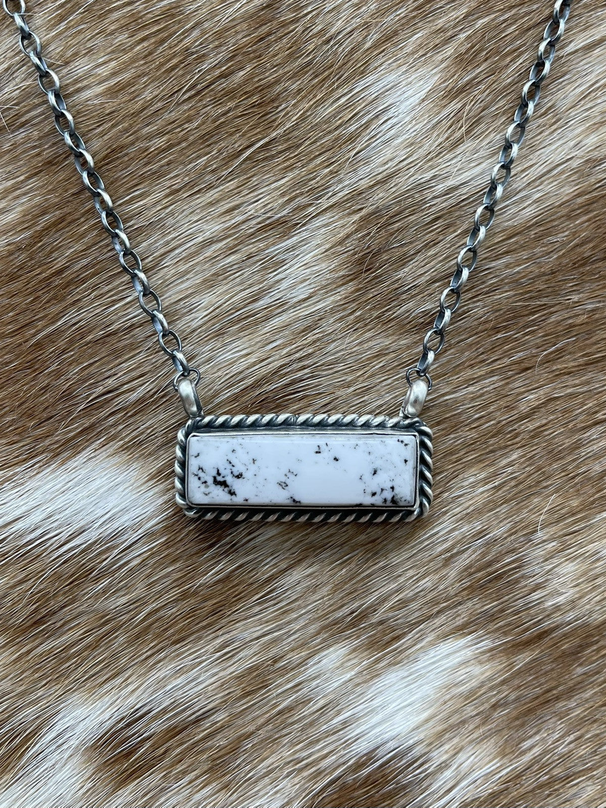 Navajo Handmade Sterling Silver White Buffalo Bar Necklace 18” Augustine Largo