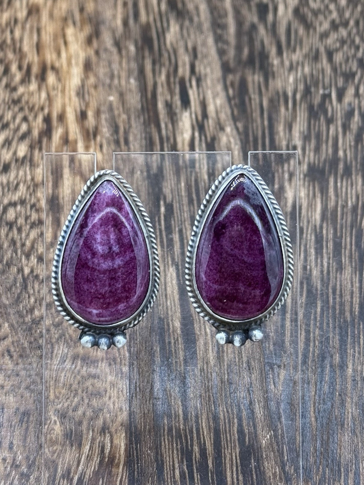 Navajo Handmade Sterling Silver Purple Spiny Oyster Post Earrings By Byron Begay