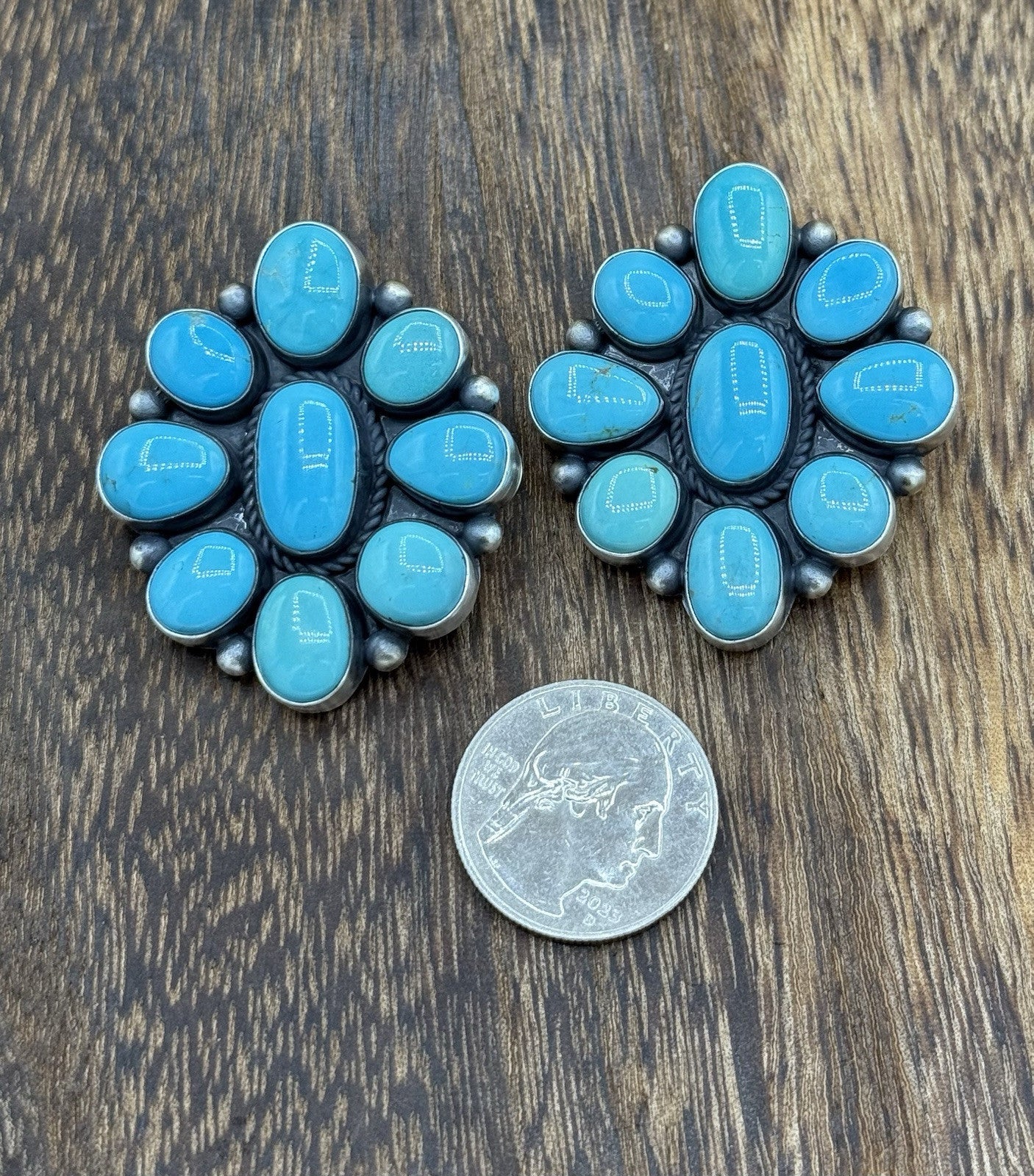 Navajo Handmade Sterling Silver Kingman Turquoise Cluster Earrings Tricia Smith