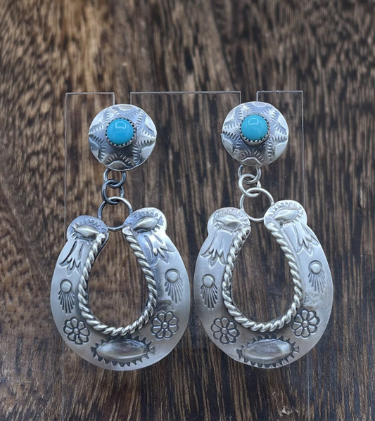 Navajo Handmade Sterling Silver Kingman Turquoise Old Look Horse Shoe Earrings