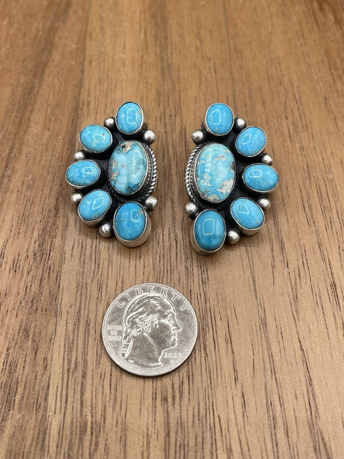 Navajo Handmade Sterling Silver Kingman Turquoise Half Cluster Earrings Tricia S