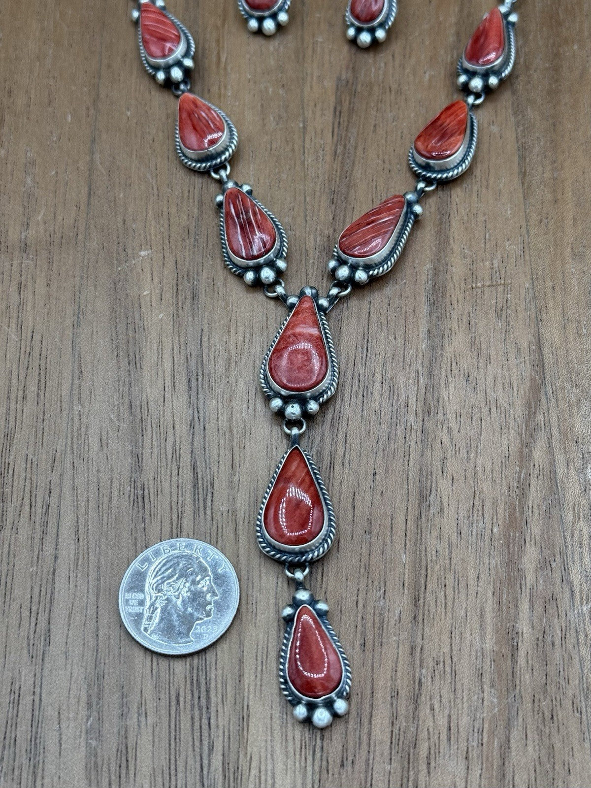 Navajo Handmade Sterling Silver Red Spiny Oyster Shell Lariat Necklace Set 20”